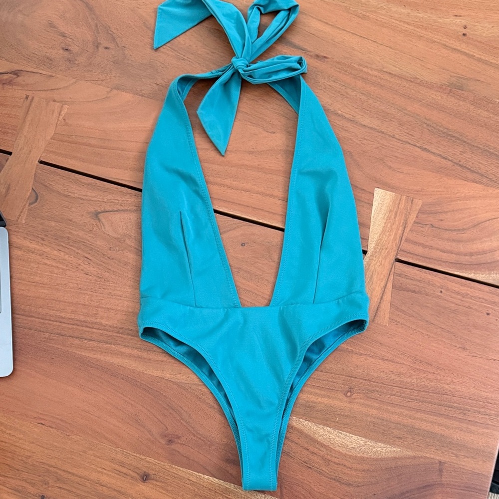Kendall & Kylie Teal Halter Deep-V One-Piece Swimsuit